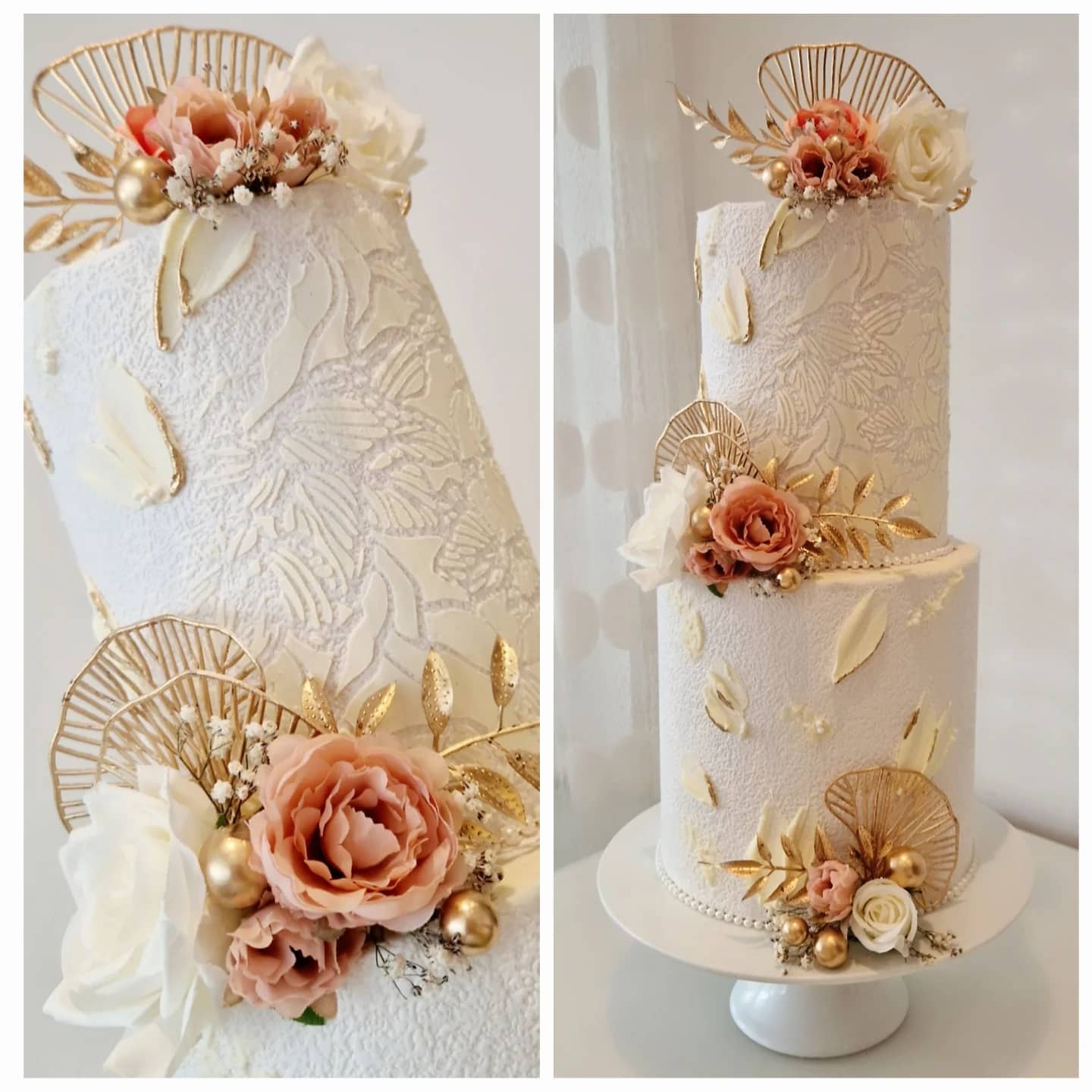 Three-tier lace and peach roses