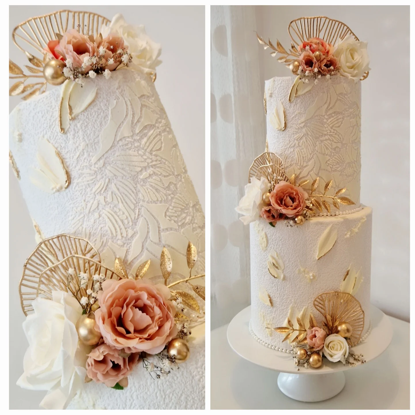 Three-tier lace and peach roses